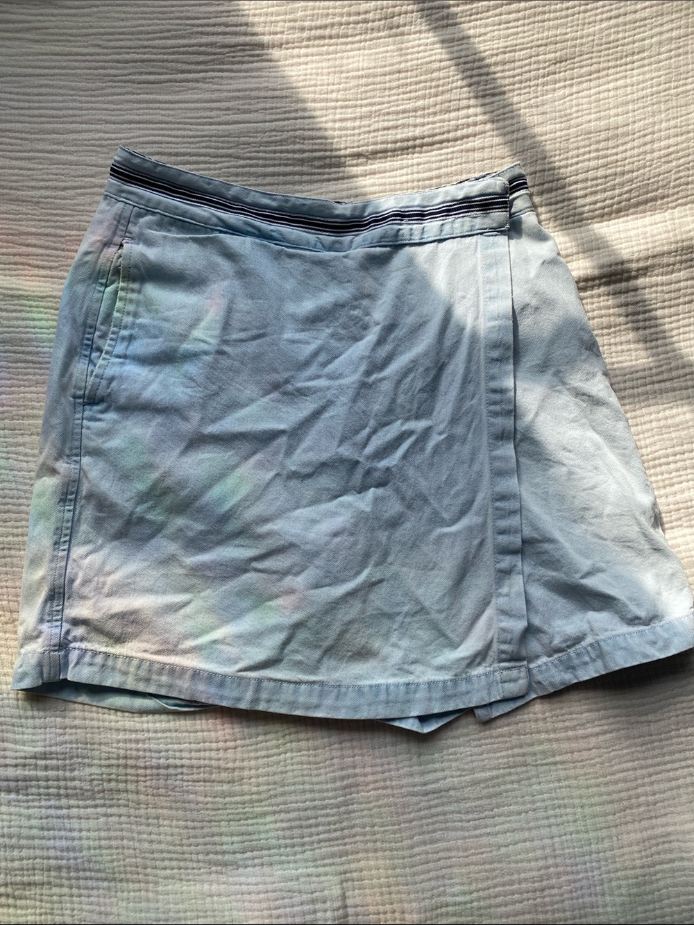Basic Editions Pale Blue Pull-On Skort with Striped Waistband